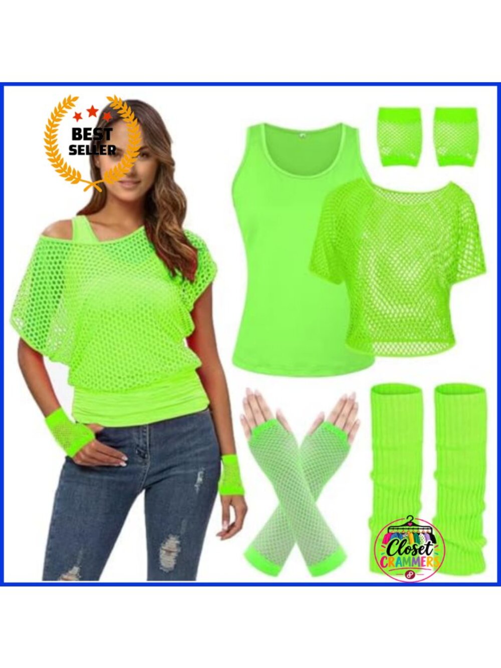 80s Neon Fishnet Off Shoulder Top 8PC Costume Set Gloves Leg Warmers